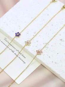 1 件时尚简约花卉水钻不锈钢手链，适合女性节日佩戴 - 金黃色 - 查看 2
