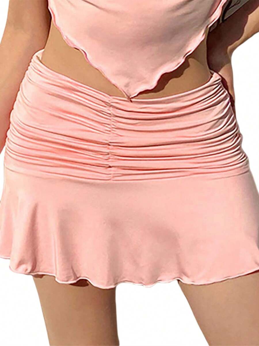 Female Mini Skirt, Solid Color High Waist Pleated Skirt Ruffled Short Dress For Summer, Pink/Purple/Blue, S/M/L - 粉色 - 查看 1