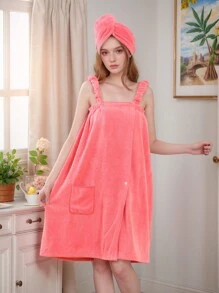 SHEIN X Milania Coral Velvet Solid Color Hook And Loop Bathrobe + Shower Cap, Fashionable Item, Super Soft & Absorbent, Skin-Friendly, Romantic Style, Suitable For Couples, Ideal For Home, Bathroom, Gym, Hotel, Essential For Daily Use, Great Gift For Valentine's Day Or Mother's Day