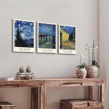 Van Gogh Inspired 3pcs Canvas Wall Art Set - Retro Impressionist Prints, Wood Framed, Perfect For Living Room, Bedroom, Home Office Decor - Blue - View 9