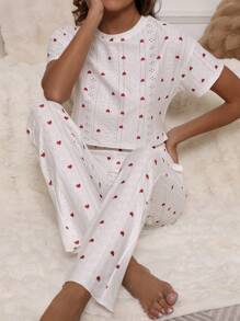 女士夏季情人节礼物镂空提花甜心印花短袖睡衣套装带口袋，舒适休闲两件套，春夏