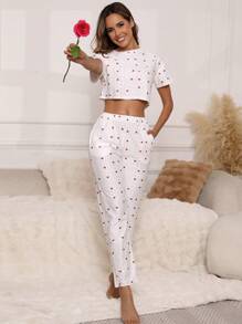 女士夏季情人节礼物镂空提花甜心印花短袖睡衣套装带口袋，舒适休闲两件套，春夏