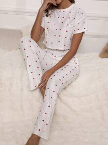 女士夏季情人节礼物镂空提花甜心印花短袖睡衣套装带口袋，舒适休闲两件套，春夏