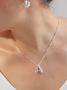 Collar Con Alfabeto Simple Y Moderno De Acero Inoxidable, Adecuado Para Parejas Y Mejores Amigos Como Regalo De Festival, 1 Ud. Collar De Moda De Letra Con Colgante En Forma De Globo De Acero Inoxidable, Colgante Elegante Para Uso Diario, Joyería De Moda, Joyería Para Compartir, Joyería Para Regalar, Globo-Chico - Plateado - Ver 4