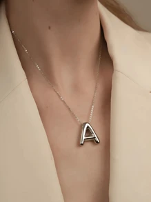 Collar Con Alfabeto Simple Y Moderno De Acero Inoxidable, Adecuado Para Parejas Y Mejores Amigos Como Regalo De Festival, 1 Ud. Collar De Moda De Letra Con Colgante En Forma De Globo De Acero Inoxidable, Colgante Elegante Para Uso Diario, Joyería De Moda, Joyería Para Compartir, Joyería Para Regalar, Globo-Chico - Plateado - Ver 2