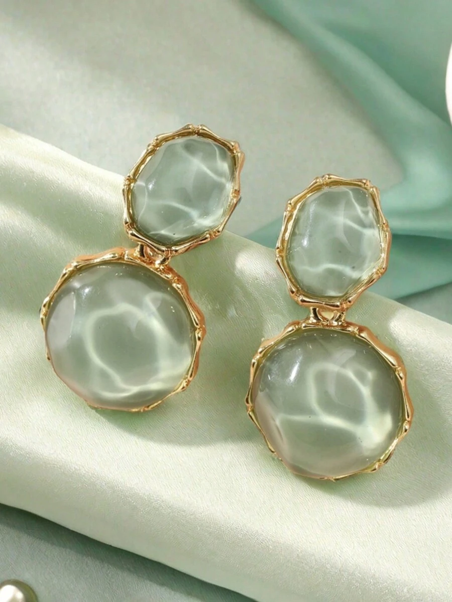 一对不对称浅绿色耳环，创意波浪图案，椭圆形设计，时尚个性耳环及配饰 - 綠色 - 查看 1