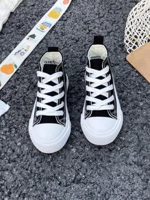 OPOEE White Cloth Shoes Baby White Shoes Middle Sneakers Children's Canvas Shoes Spring And Autumn Korean Version Simple Boy And Girl Shoes Fashion Low-Top Casual Lace-Up Track Shoes Classic Low-Top Canvas Shoes All Casual Sports Skateboard Children's Shoes - 黑色 - 查看 5