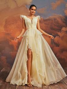 VIPGIRL Yellow Mesh Women's Evening Party Dress - Yellow - View 4