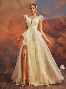 VIPGIRL Yellow Mesh Women's Evening Party Dress - Yellow - View 9