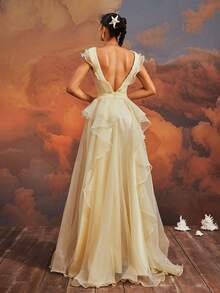 VIPGIRL Yellow Mesh Women's Evening Party Dress - Yellow - View 3