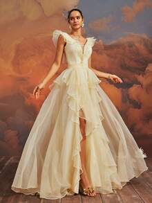 VIPGIRL Yellow Mesh Women's Evening Party Dress - Yellow - View 7