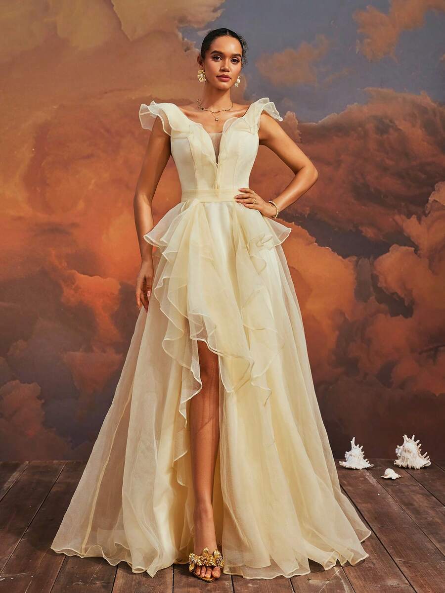 VIPGIRL Yellow Mesh Women's Evening Party Dress