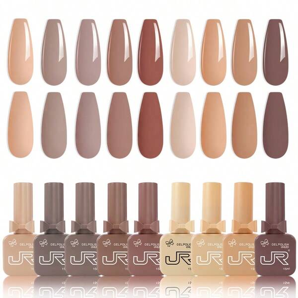 JR JR 9pcs 15ml Gel Nail Polish Set Including Red Pink Nude Gel Polish Kit UV LED Soak Off Polish Home DIY Gifts For Girl