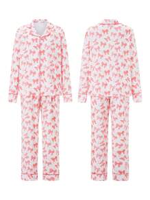 Women's 2 Piece Pajama Set Long Sleeve Lapel Button Up Shirt Tops Bow Print Pants Sleepwear Sets - White - View 2