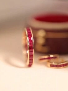 1pc S925 Sterling Silver Creative Red Zirconia Circle Ring, Minimalist Gold Vintage Luxurious Women's Ring, Versatile Daily/Holiday Party Jewelry Gift