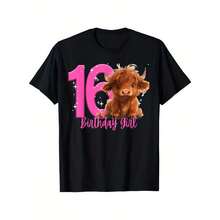 16th Birthday Highland Cow Party Girl Teenager Sweet Sixteen T-Shirt, 100% Cow Shirts For Women Mom Family Friends, Black Round Cow Shirts, Soft Breathable Colorfast Women'S Casual Short Sleeve Top For Spring & Summer (S-XXL, 180g) - Black - View 1