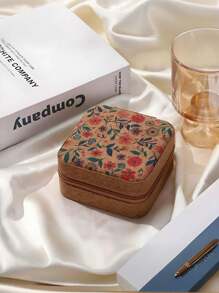 1个复古印花迷你首饰盒，可收纳耳环、戒指、项链，旅行收纳盒，优雅印花首饰盒，多功能首饰收纳盒 - 彩色 - 查看 14