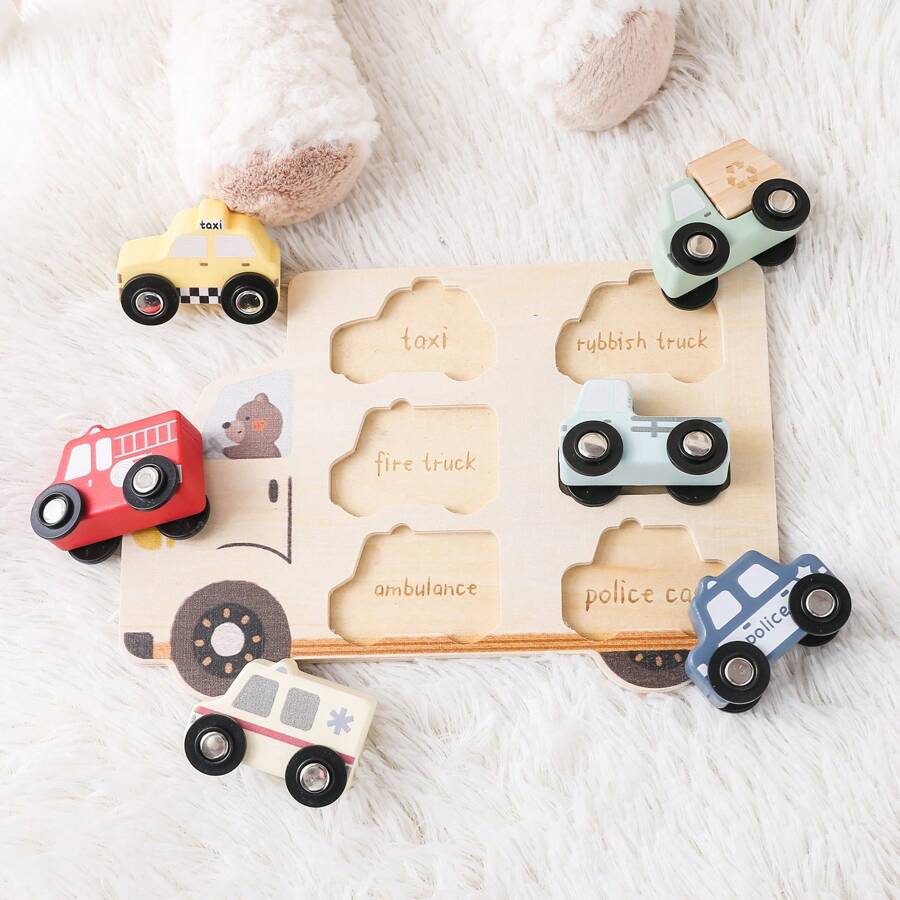 Multi-Color Push/Pull Wooden Toy Car Model Set, Early Childhood Vehicle Recognition & Cognitive Development, Hand-Brain Coordination Training, Baby Focus Ability Practice
