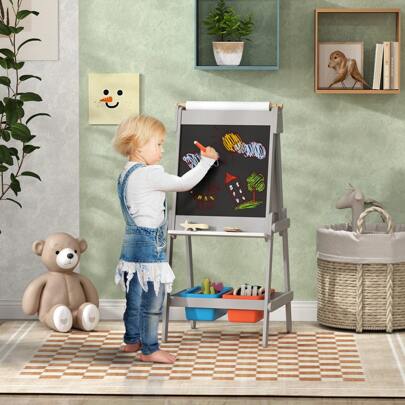 AIYAPLAY Art Easel For Kids With Paper Roll, Double Sided Painting Easel With Chalk Board, White Board, Eraser, Storage Boxes