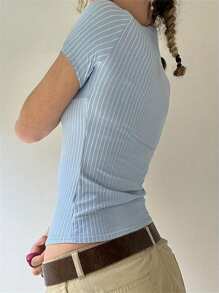 Women Y2k Fairycore Striped Shirts Short Sleeve Lapel Button Down Shirts Slim Fit Crop Tops Summer Going Out Tops Tees Vintage Aesthetic Clothes Retro Blouse Streetwear - Blue - View 2