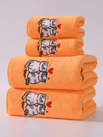 1/2 Alla hjärtans dag-present - Korallfärgad frottéhandduk eller enkel handduk, badrumstillbehör, söt broderad kattdesign, mjuk och snabbtorkande, lätt och bärbar, lämplig för ansikte, kropp, hår, pool och gym - Unisex/Parpresent