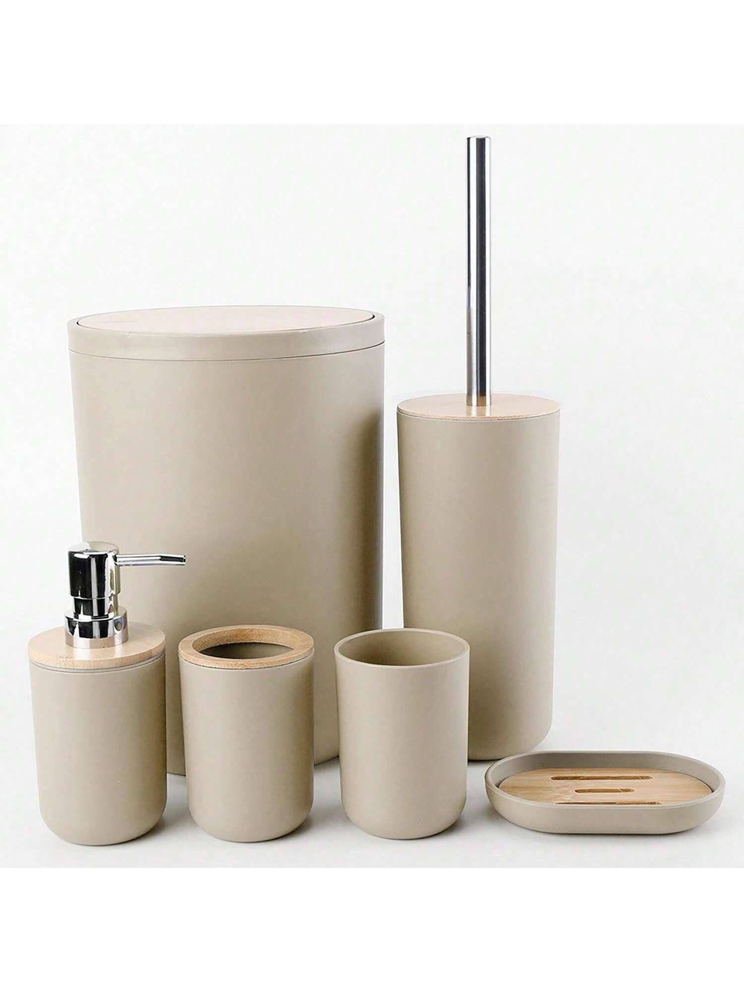 Set de 8 piezas de accesorios de baño de lujo de plástico y bambú, incluyendo dispensador de jabón, jabonera, soporte para cepillo de baño, soporte para cepillo de dientes, vaso, bandeja de tocador, dispensador de hisopos, perfecto para regalo de cumpleaños, día festivo, inauguración de casa, Navidad (gris, negro y blanco)