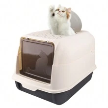 Bac à Litière pour Chat, Litière pour Chat XXL, Fermé Maison de Toilette pour Chat avec Couvercle, Plateau Amovible, Pelle, pour Chats, Lapins, Poids ne dépassant Pas 15 kg, Noir/Gris/Bleu/Orange