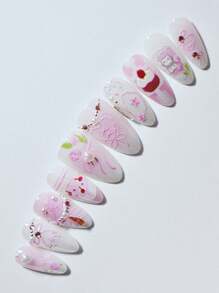 Bộ 10 miếng dán móng tay phong cách Âu Mỹ thủ công với hình trái tim, nơ, hoa, ngọc trai, vỏ sò, màu hồng chuyển sắc và trắng, móng tay giả hình quả hạnh nhân ngắn, quà tặng cho phụ nữ và trẻ em gái, dụng cụ làm móng - Nhiều màu - Xem 6