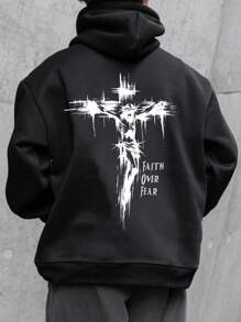 Men's Casual Loose Fit Hoodie With "Jesus Cross Plus" Letter Print And Drawstring, Suitable For Spring And Autumn - Black - View 1