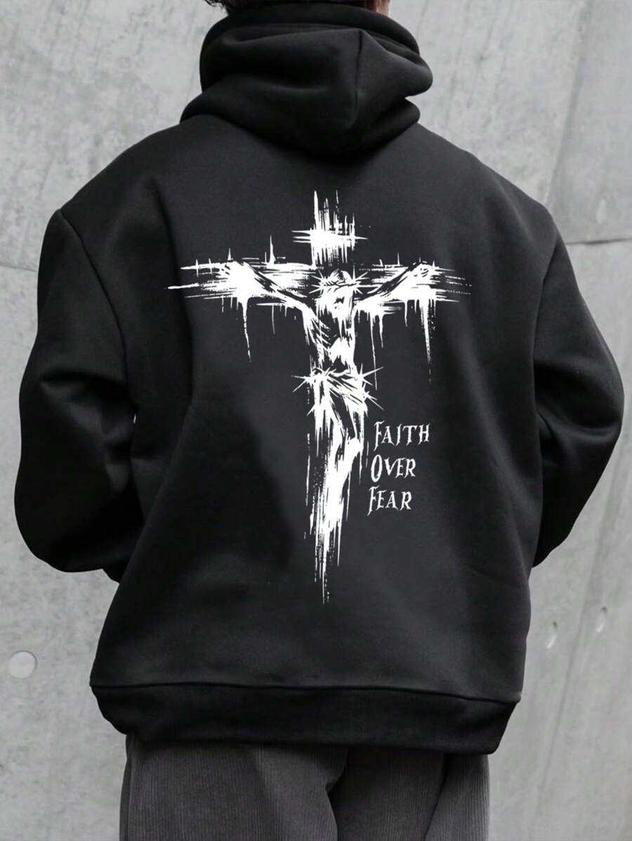 Men's Casual Loose Fit Hoodie With "Jesus Cross Plus" Letter Print And Drawstring, Suitable For Spring And Autumn - Black - View 1