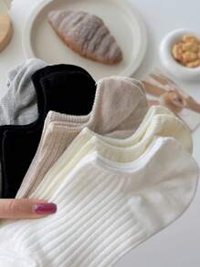 5 Pairs Women's Solid Color Rib Ankle Liner Short Invisible Socks, Thin Breathable Non-Slip Hidden Boat Socks For All Seasons