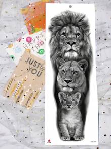 1 张超大全臂尺寸人体艺术临时纹身贴纸，适合男士，黑色 3D 纯色风格狮子父亲母亲孩子家庭图案，防水假袖纹身，持续 2-5 天，遮盖疤痕，可用于手臂手腕肩腿腰颈手胸部大腿手指，人体艺术角色扮演派对礼物 - 黑色 - 查看 4