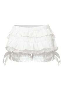 Womens Ruffle Bloomer Shorts Elastic Low Waist Solid Color Pumpkin Shorts Lace Patchwork Shorts - White - View 4