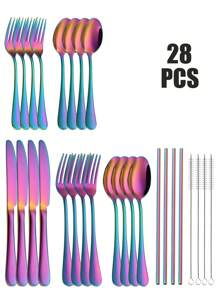 7/28/56 件彩虹不锈钢餐具套装包括刀、叉、勺和不锈钢吸管，镜面抛光，适合家庭聚会、朋友野餐、酒店餐厅、礼物 - 彩色 - 查看 10