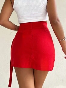 HELENY Short Linen Skirt - Red - View 2