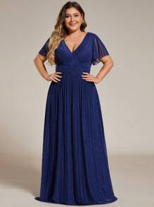 Plus Size Deep V-Neck Ruffled Sleeve Sexy Evening Party Dress, Wedding Guest Dress, Formal Dress,Gown - Navy Blue - View 3