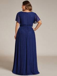 Plus Size Deep V-Neck Ruffled Sleeve Sexy Evening Party Dress, Wedding Guest Dress, Formal Dress,Gown - Navy Blue - View 2