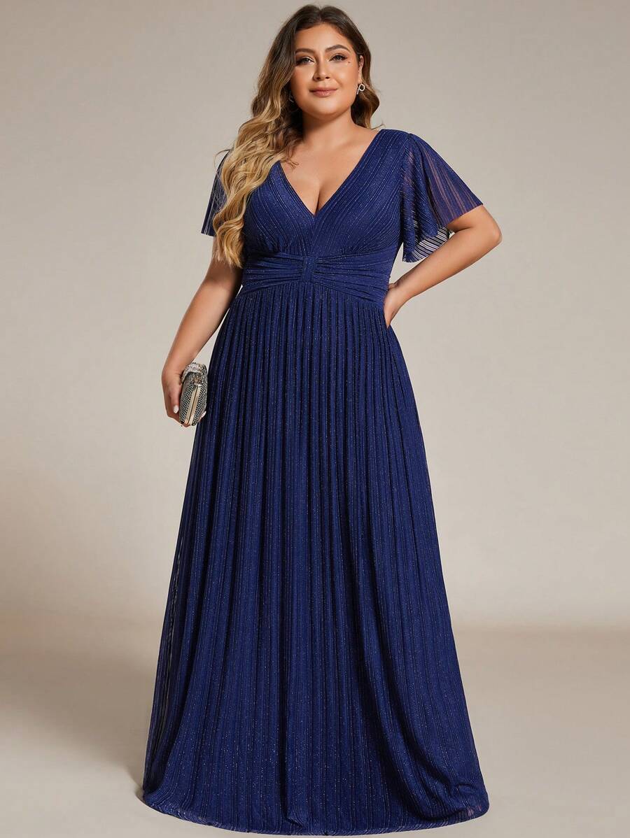 Plus Size Deep V-Neck Ruffled Sleeve Sexy Evening Party Dress, Wedding Guest Dress, Formal Dress,Gown - Navy Blue - View 1