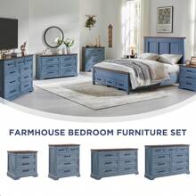 JXQTLINGMU Farmhouse Nightstand With Charging Station, 24" Wide Side Table With 3 Large Drawers & Bar Handles - Rustic Wood Small Dresser Chest Of Drawers For Bedroom, Living Room, Or As A Christmas Gift - 藍色 - 查看 6