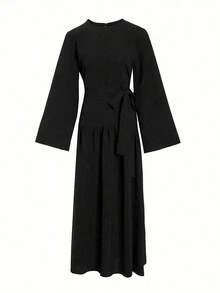 斋月系腰褶皱连衣裙，优雅长袖纯色长裙，女款