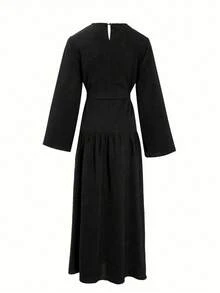 斋月系腰褶皱连衣裙，优雅长袖纯色长裙，女款