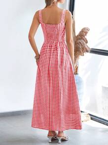 Women's Summer Long Skirt With Waist Waist And Thin Shoulders Plaid Square Collar A-Line Pleats Casual Holiday Sundress - Đỏ - Xem 2