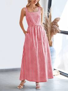 Women's Summer Long Skirt With Waist Waist And Thin Shoulders Plaid Square Collar A-Line Pleats Casual Holiday Sundress - Đỏ - Xem 3