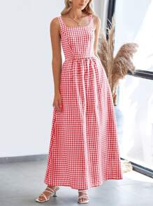 Women's Summer Long Skirt With Waist Waist And Thin Shoulders Plaid Square Collar A-Line Pleats Casual Holiday Sundress - Đỏ - Xem 4