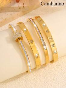 Camhanno Conjunto de 4 peças empilháveis, requintados e modernos, de aço inoxidável, com coração e quatro folhas em relevo, adequado para presentear namoradas durante os feriados, dia dos namorados, mãe, mãe, dia das mães, presente