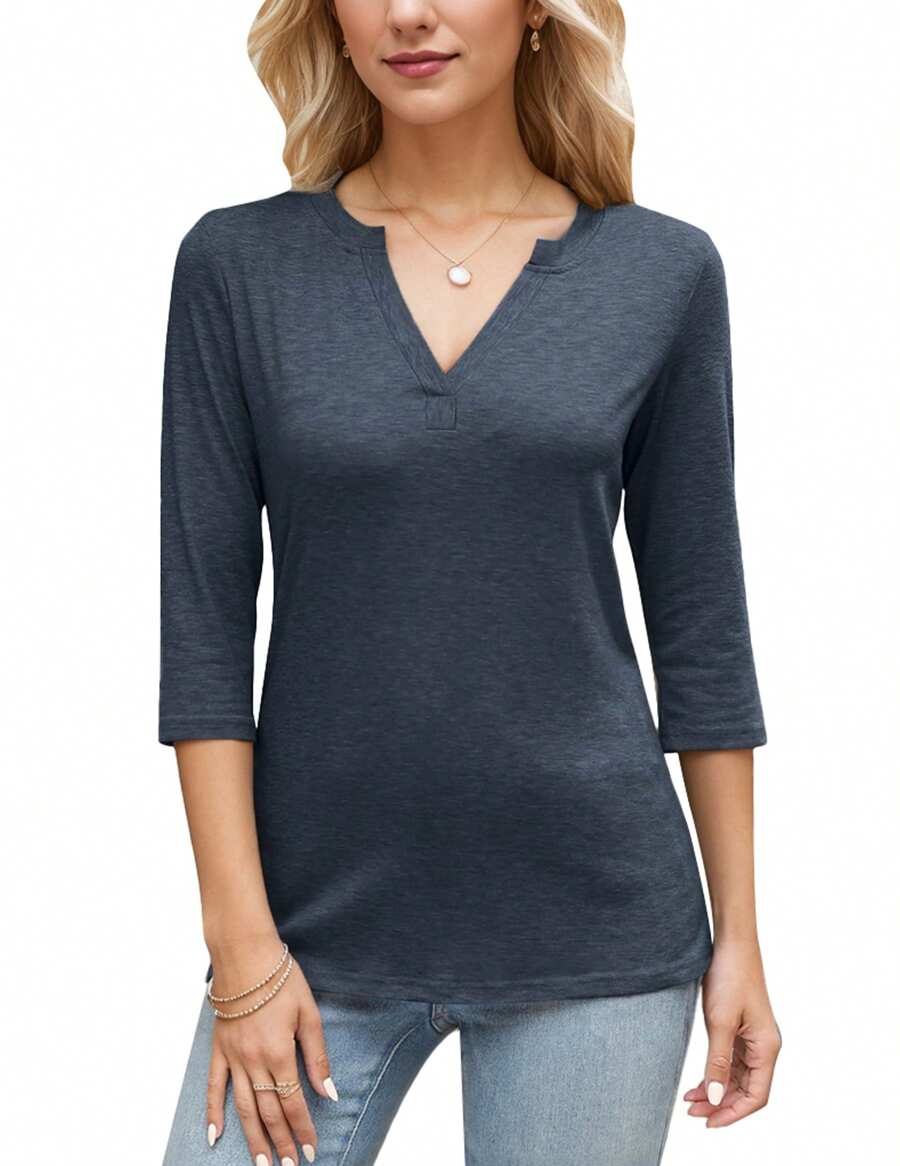 hoteel Women's V Neck 3/4 Sleeve T-Shirt Basic T-Shirt Loose Fit Tops - Màu xanh hải quân - Xem 1