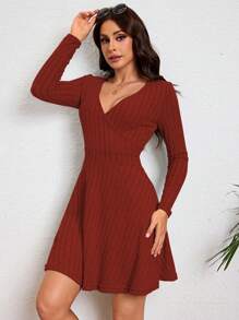 Vestido De Punto De Manga Largo Tejido De Canalé Para Dama,Vestido De Línea A Unicolor Casual Con Cuello V - Naranja - Ver 3
