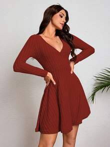 Vestido De Punto De Manga Largo Tejido De Canalé Para Dama,Vestido De Línea A Unicolor Casual Con Cuello V - Naranja - Ver 6