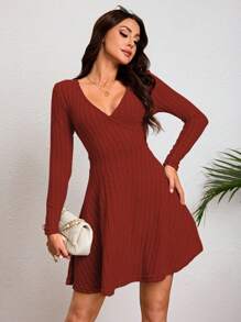 Vestido De Punto De Manga Largo Tejido De Canalé Para Dama,Vestido De Línea A Unicolor Casual Con Cuello V - Naranja - Ver 4
