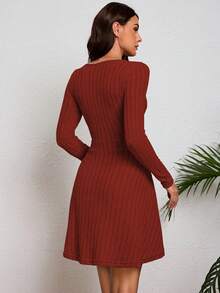 Vestido De Punto De Manga Largo Tejido De Canalé Para Dama,Vestido De Línea A Unicolor Casual Con Cuello V - Naranja - Ver 2